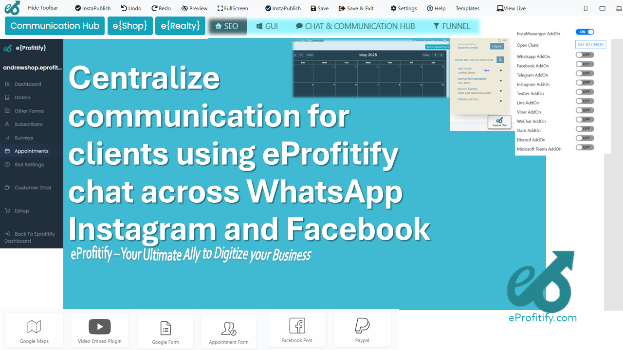 Centralize communication for clients using eProfitify chat across WhatsApp Instagram and Facebook